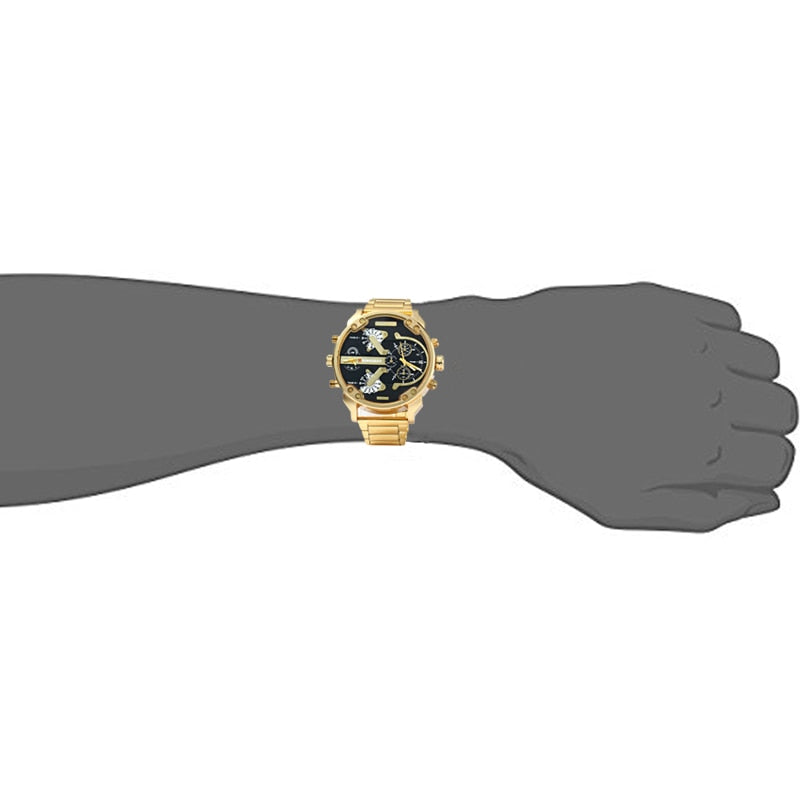 Reloj grande para hombre Correa de reloj de acero dorado de lujo Relojes de cuarzo para hombre Zona horaria dual Relogio Masculino Reloj casual para hombre