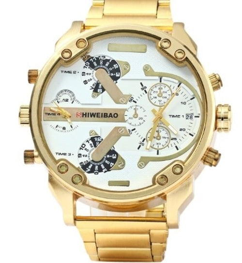 Reloj grande para hombre Correa de reloj de acero dorado de lujo Relojes de cuarzo para hombre Zona horaria dual Relogio Masculino Reloj casual para hombre