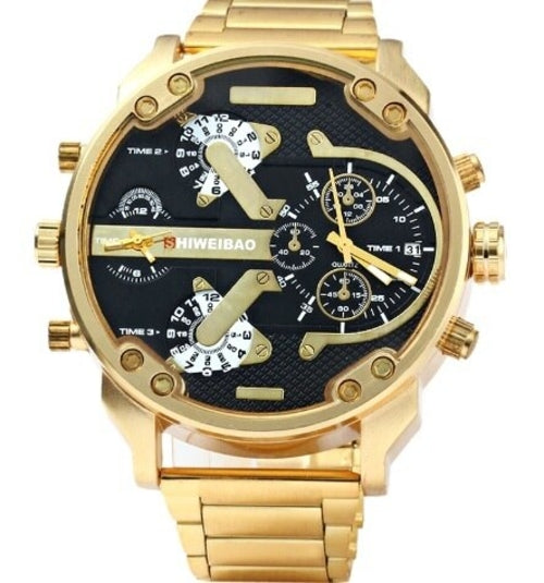 Reloj grande para hombre Correa de reloj de acero dorado de lujo Relojes de cuarzo para hombre Zona horaria dual Relogio Masculino Reloj casual para hombre