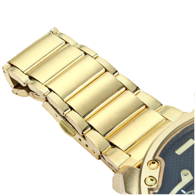Reloj grande para hombre Correa de reloj de acero dorado de lujo Relojes de cuarzo para hombre Zona horaria dual Relogio Masculino Reloj casual para hombre