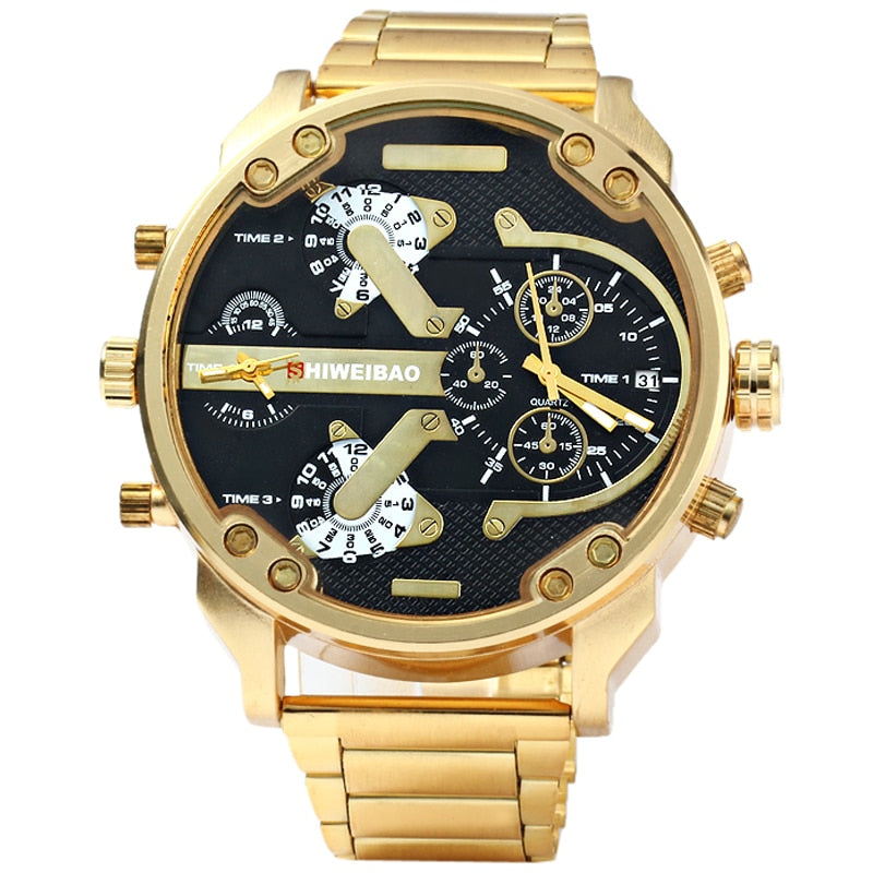 Reloj grande para hombre Correa de reloj de acero dorado de lujo Relojes de cuarzo para hombre Zona horaria dual Relogio Masculino Reloj casual para hombre