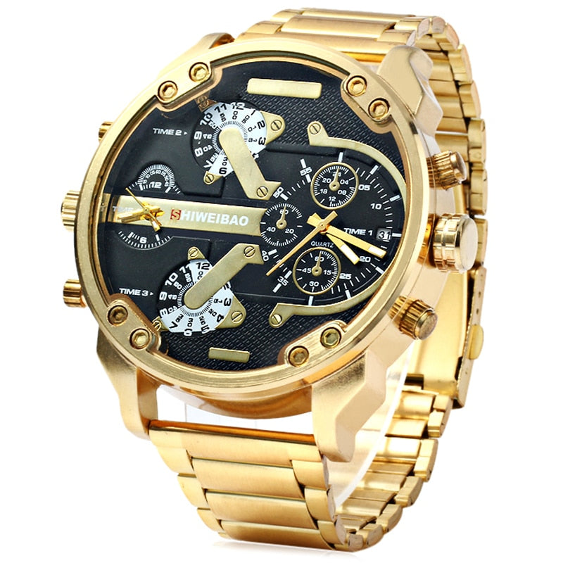 Reloj grande para hombre Correa de reloj de acero dorado de lujo Relojes de cuarzo para hombre Zona horaria dual Relogio Masculino Reloj casual para hombre