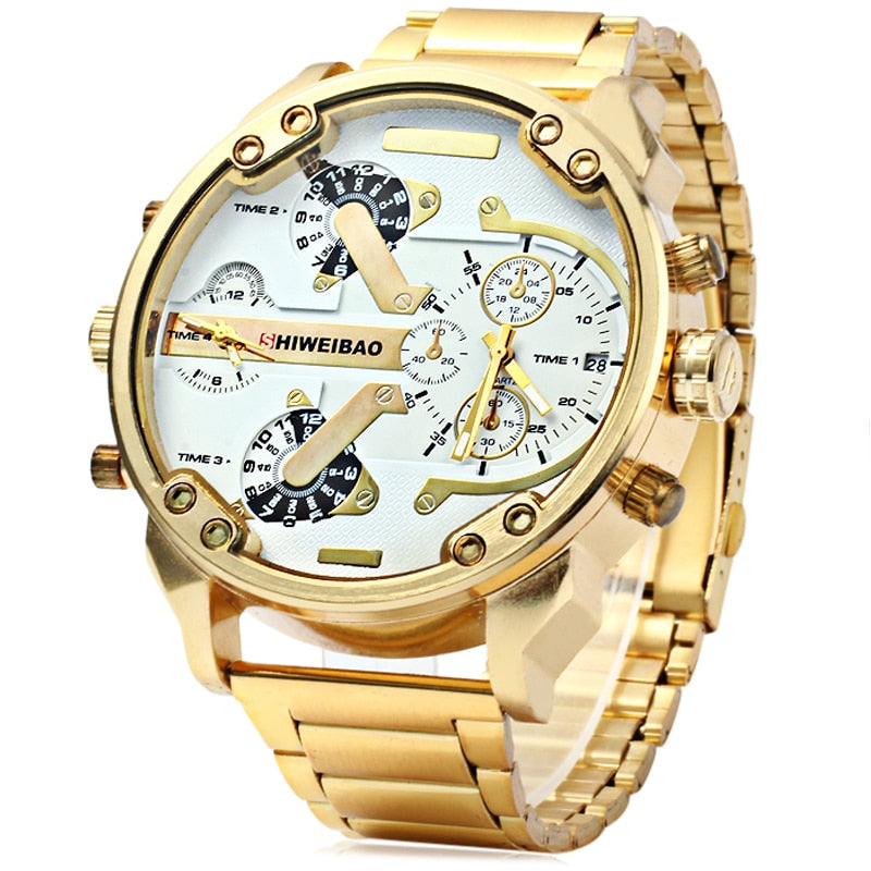 Reloj grande para hombre Correa de reloj de acero dorado de lujo Relojes de cuarzo para hombre Zona horaria dual Relogio Masculino Reloj casual para hombre