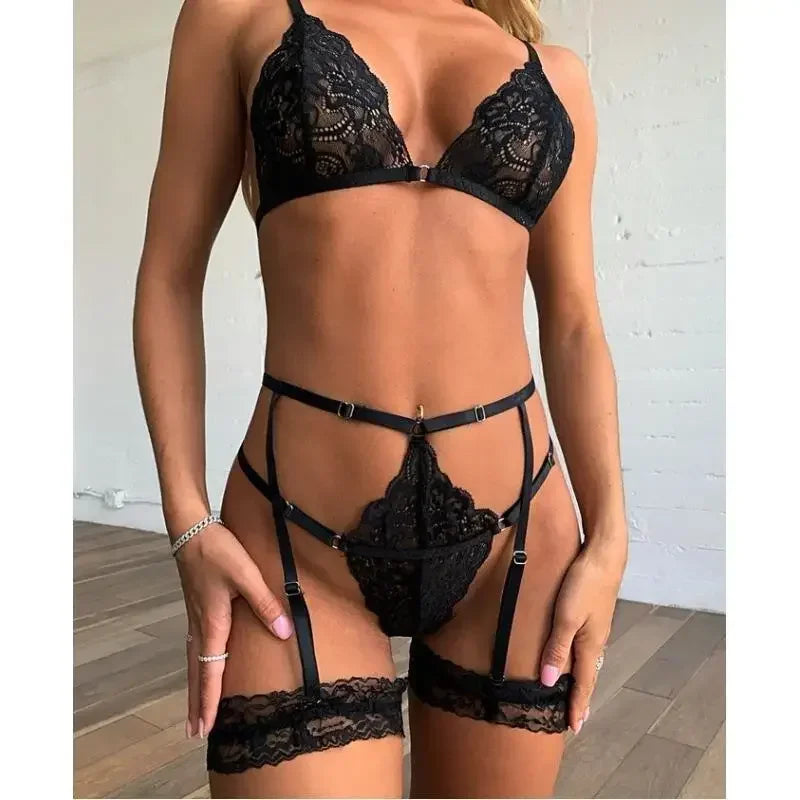 Conjunto de Tanga para mujer, Body Sexy de encaje con aros, disfraces