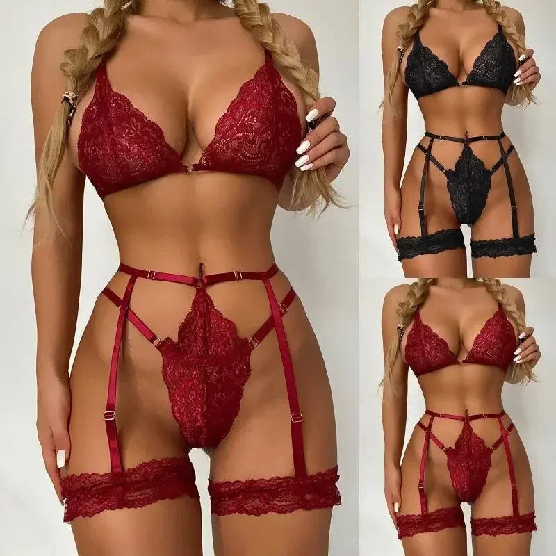 Conjunto de Tanga para mujer, Body Sexy de encaje con aros, disfraces